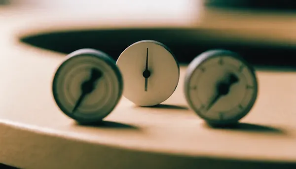 Tres medidores analógicos sobre una superficie cálida y neutra