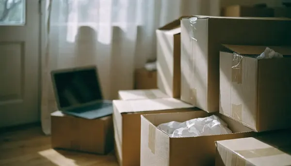Cajas de mudanza apiladas junto a un portátil en una habitación luminosa