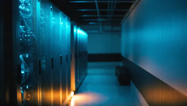 Pasillo de un centro de datos con racks de servidores iluminados