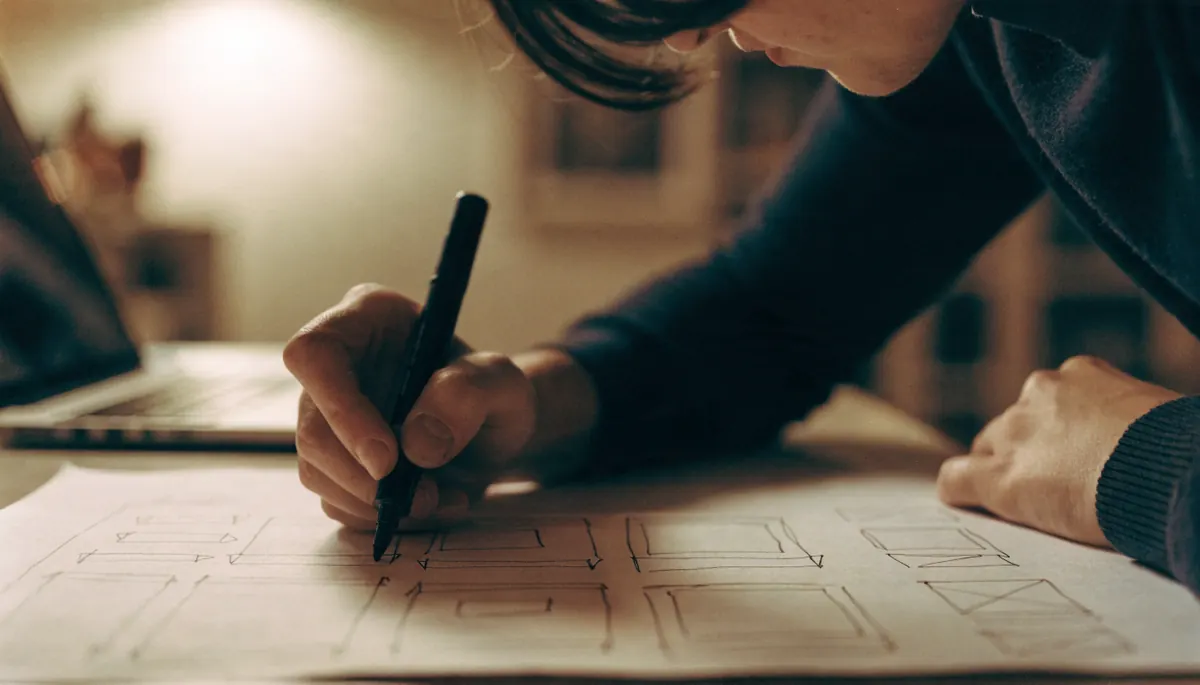 Diseñadora dibujando el esquema de una página web sobre papel