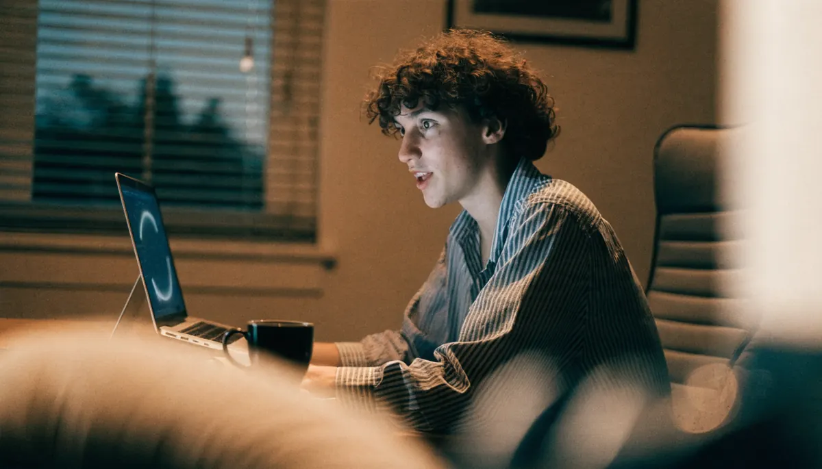Persona trabajando con calma frente a un portátil con un asistente de programación en pantalla