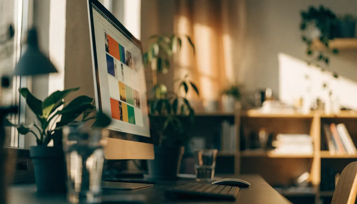 Escritorio de diseño con un monitor mostrando un constructor visual de páginas