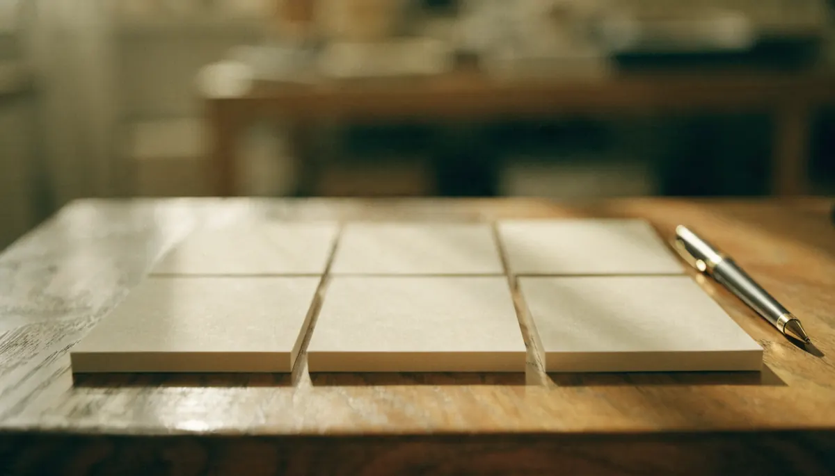 Seis fichas de cartulina ordenadas en cuadrícula sobre una mesa de madera
