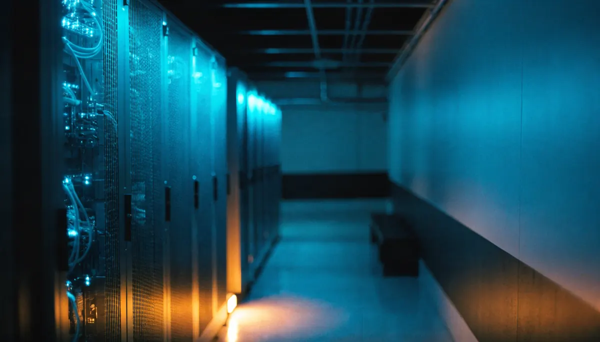 Pasillo de un centro de datos con racks de servidores iluminados