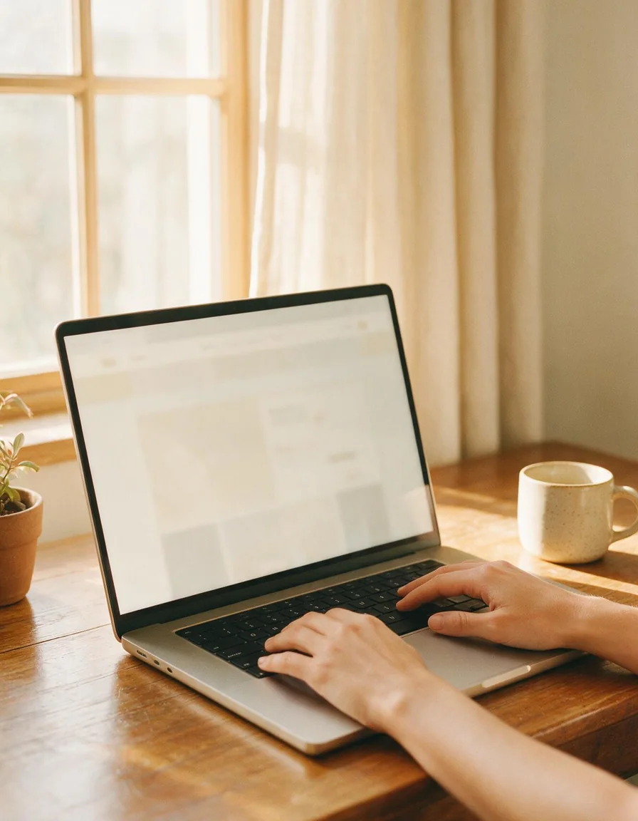Portátil abriendo una web al instante sobre un escritorio de madera